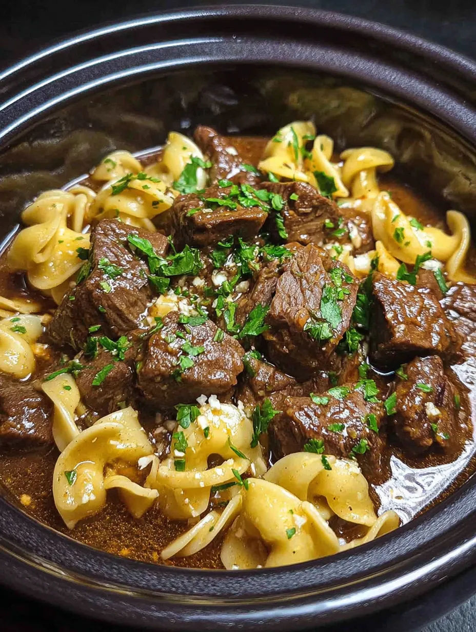 Ein Bild von einer Schüssel mit Nudelsuppe, die mit Rindfleisch, Zwiebeln und Parmesan geschmolzen ist.