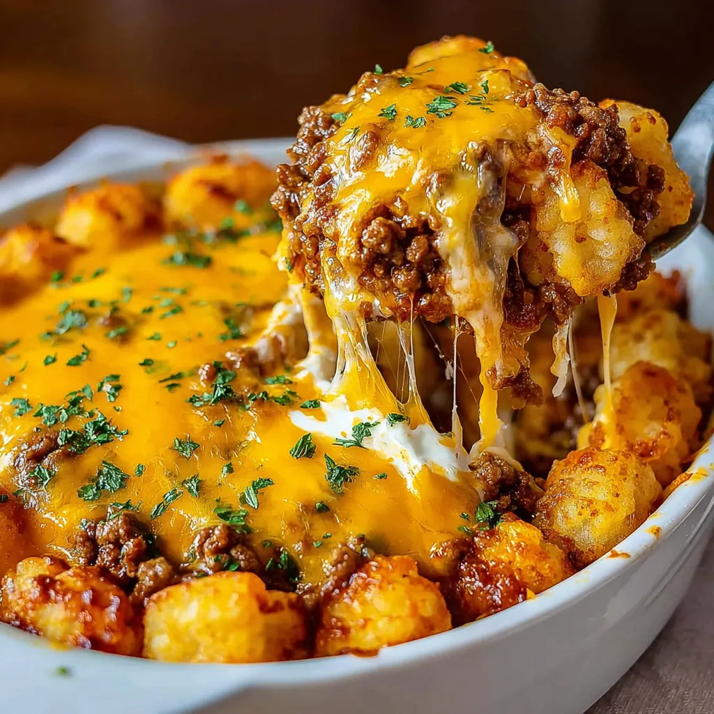 Ein weißer Teller mit einer Mischung aus Kartoffeln, Tater Tots und Käse.