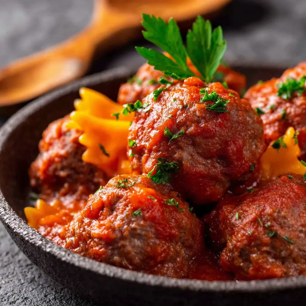 Ein Schalen mit Pasta und Meatballs.