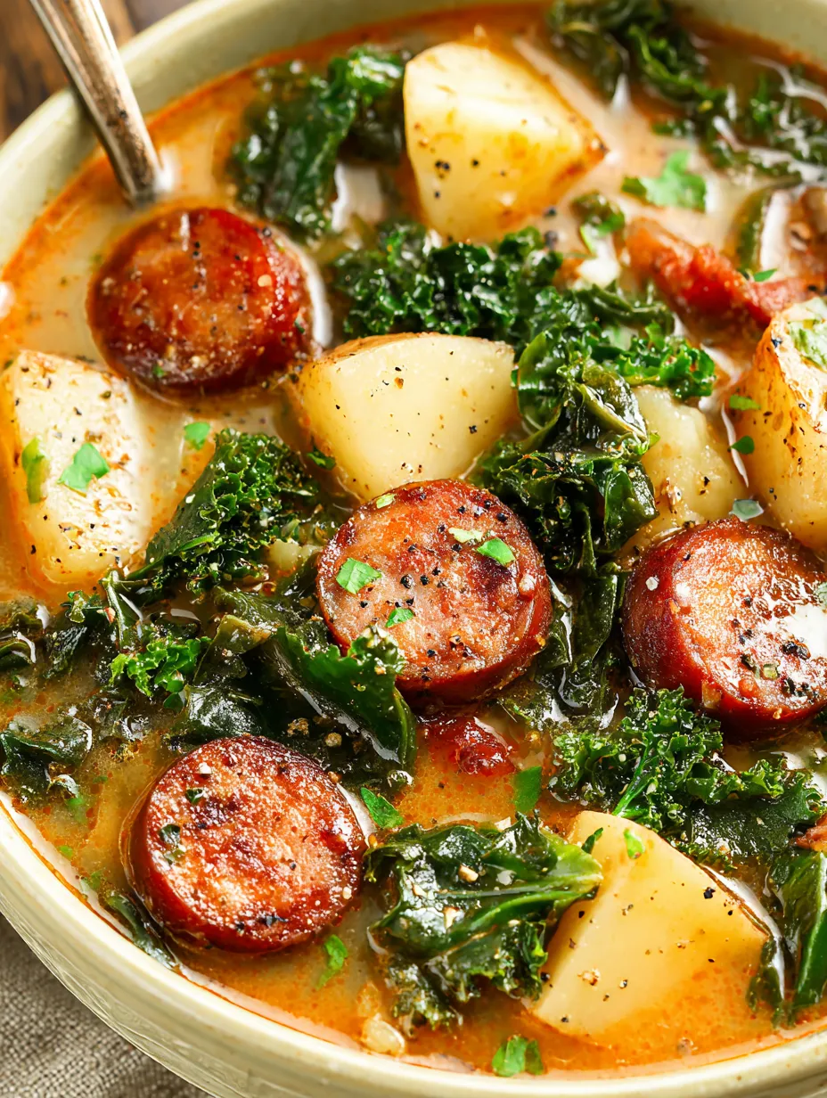 Ein Bild von einer Suppe mit H&uuml;hnchen, Kartoffeln, Brokkoli und Zwiebeln.