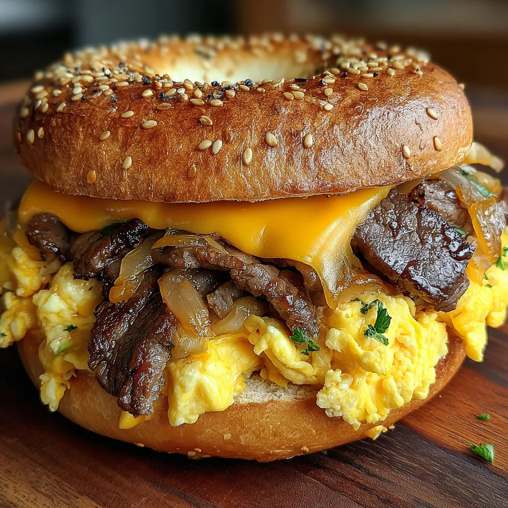 A sandwich with meat, onions, and eggs.