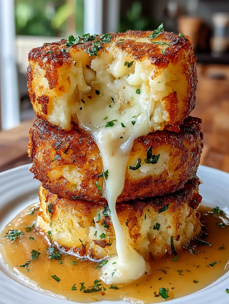 A stack of potato cakes with cheese dripping out.