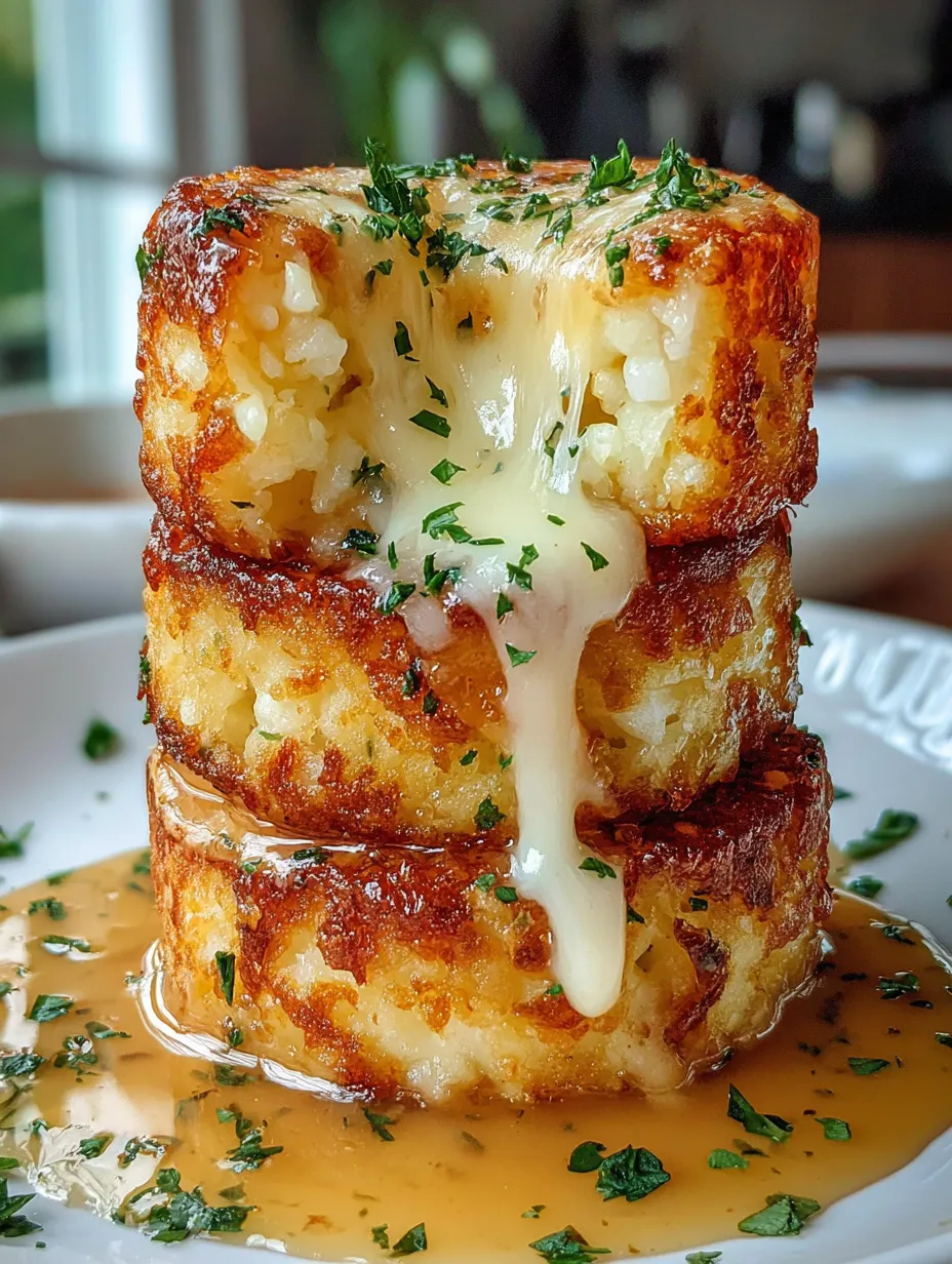 A stack of potatoes with cheese dripping off.