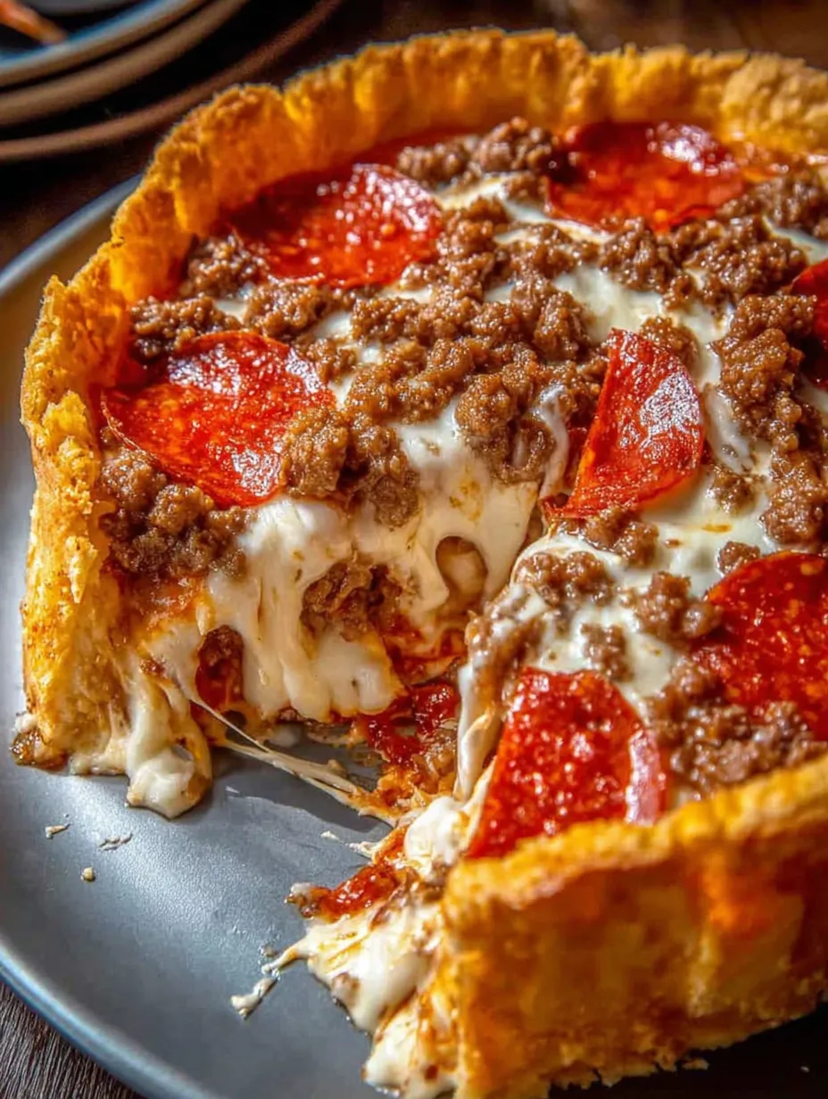 Ein Pizza mit Käse und Pepperoni auf einem Teller.