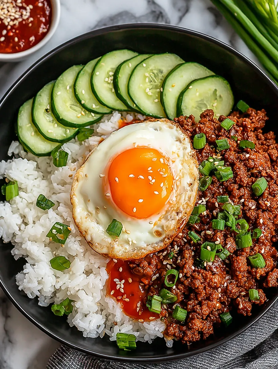 Ein schwarzes Teller mit einer Mischung aus Rice, Ei, Zwiebeln, Koriander und Beef.