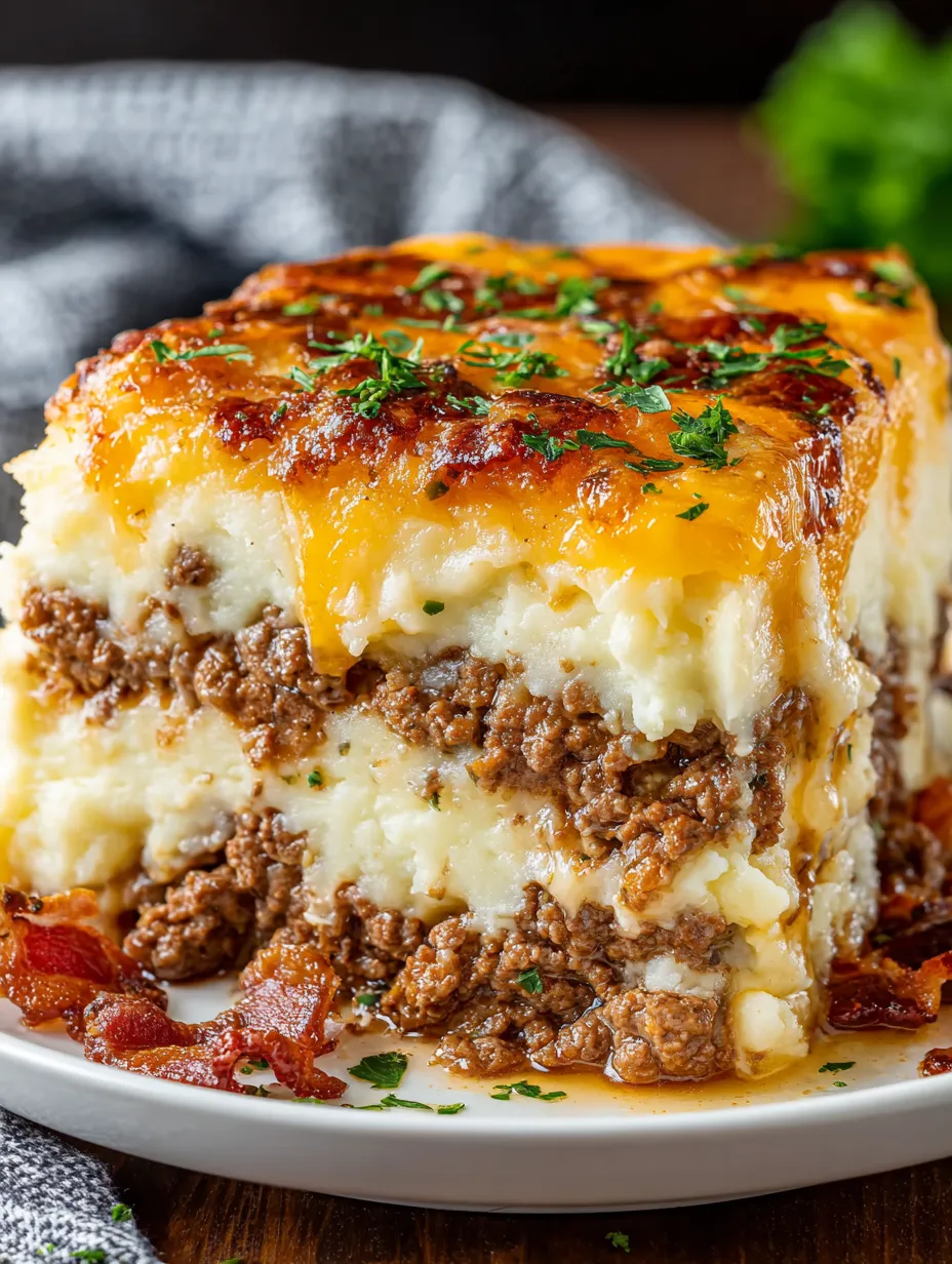 Ein großes, golden-braun gefärbtes, mit Bacon belegtes Casserole-Gericht auf einem weißen Teller.