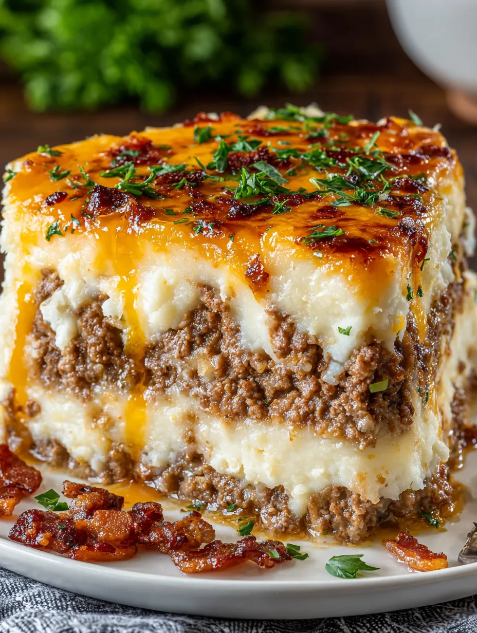 Eine große, leckere, kräftige Lasagne mit vielen Zwiebeln und gerösteten Baconstreifen.