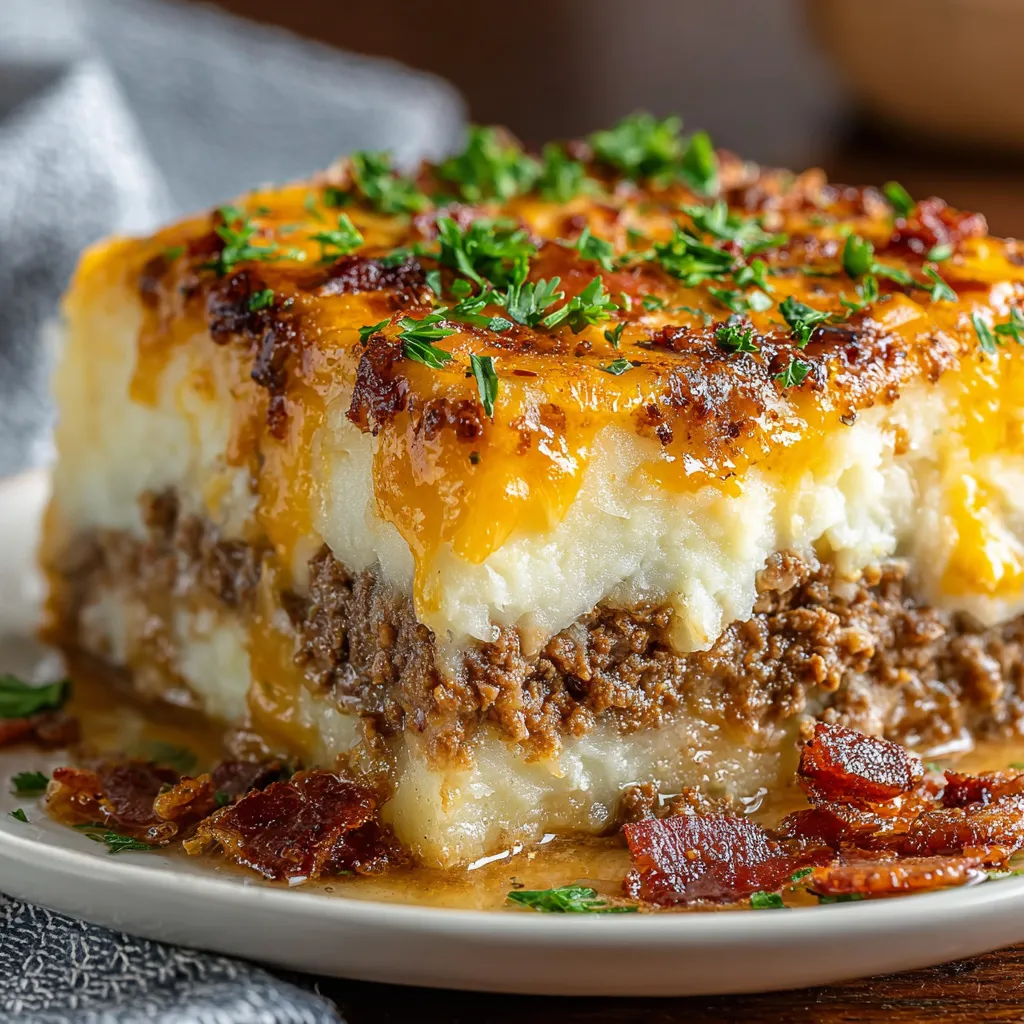 Eine Platte mit einer Art von Käse- oder Fleisch-Kuchen, der mit Bacon-Streifen garniert ist.