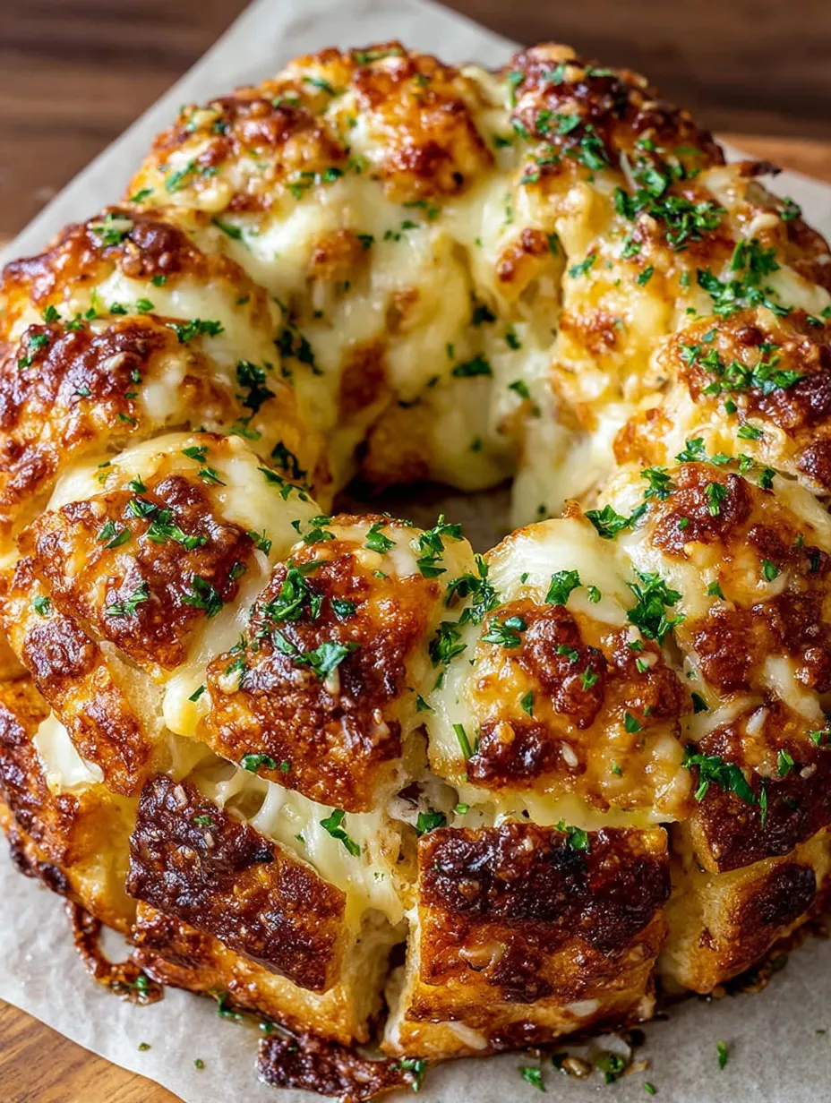 Ein Käsekuchen mit Käse, Zwiebeln und Knoblauch auf einem Teller.