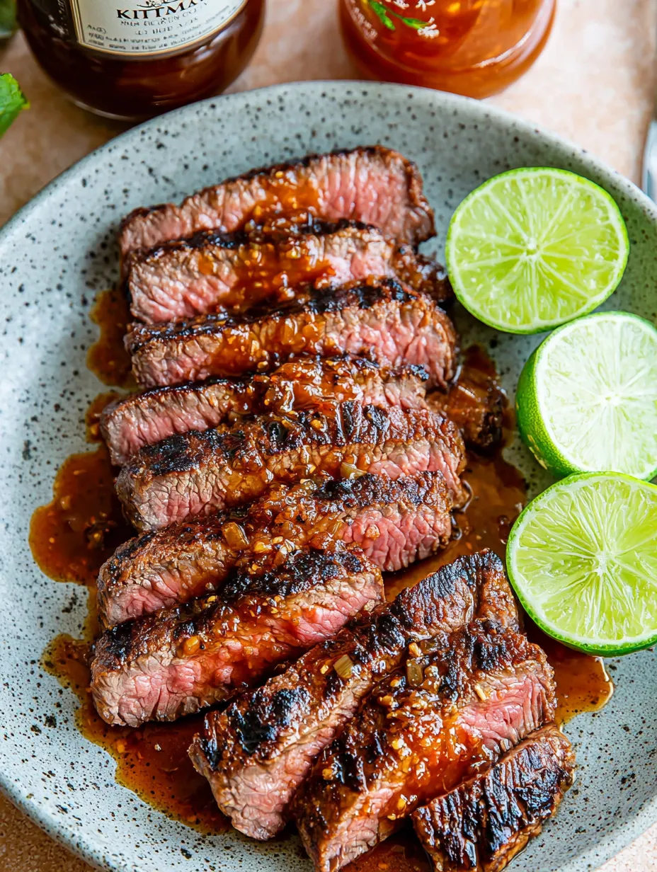Eine Platte mit gegrilltem Steak und grüner Limette.