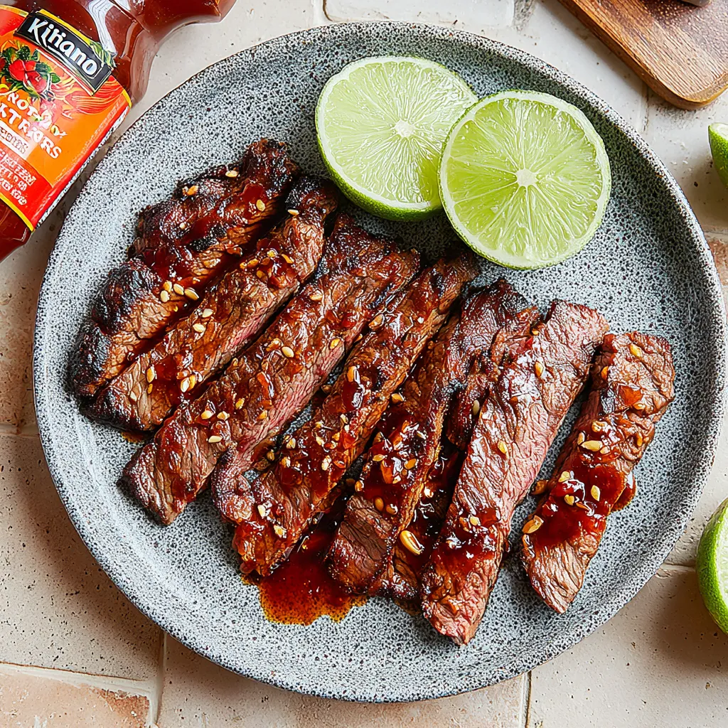 Eine Platte mit Steak, die mit Ketchup und Limetten garniert ist.