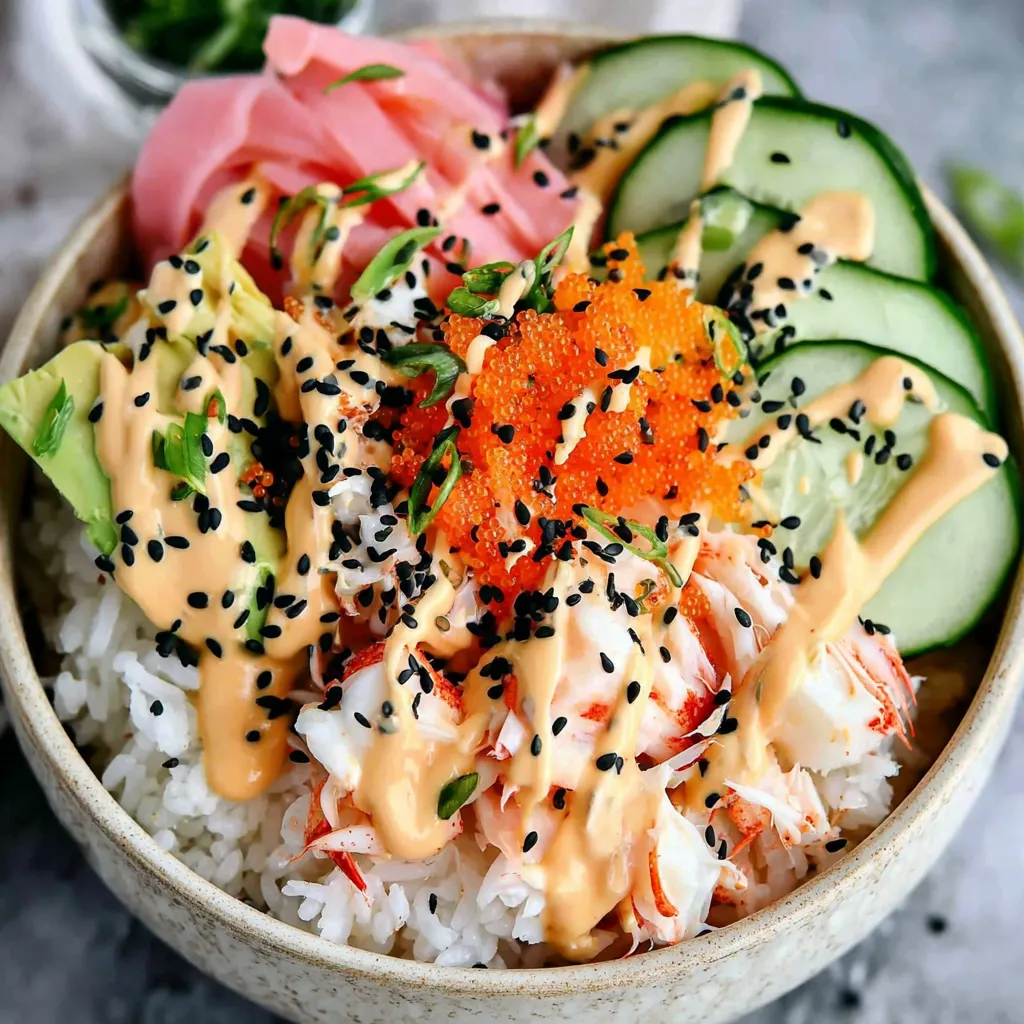 Ein großer, weißer Becher mit einer Mischung aus Reis, Shrimp, Avocado, Cucumber, Tuna und Sesam.