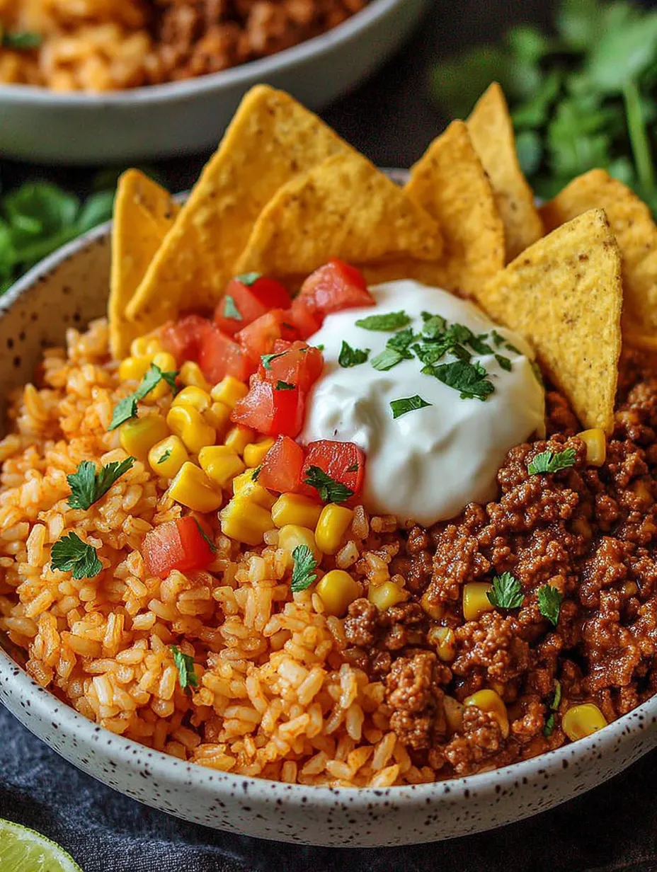 Ein Schälchen mit Rice, Tomaten, Kartoffeln, Käse und Tortillachips.