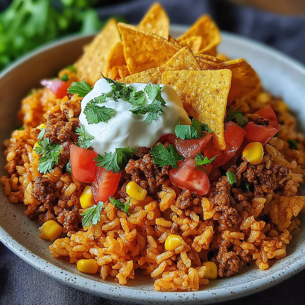 Ein Schälchen mit Rice, Tomaten, Kartoffeln, Käse und Tortillachips.
