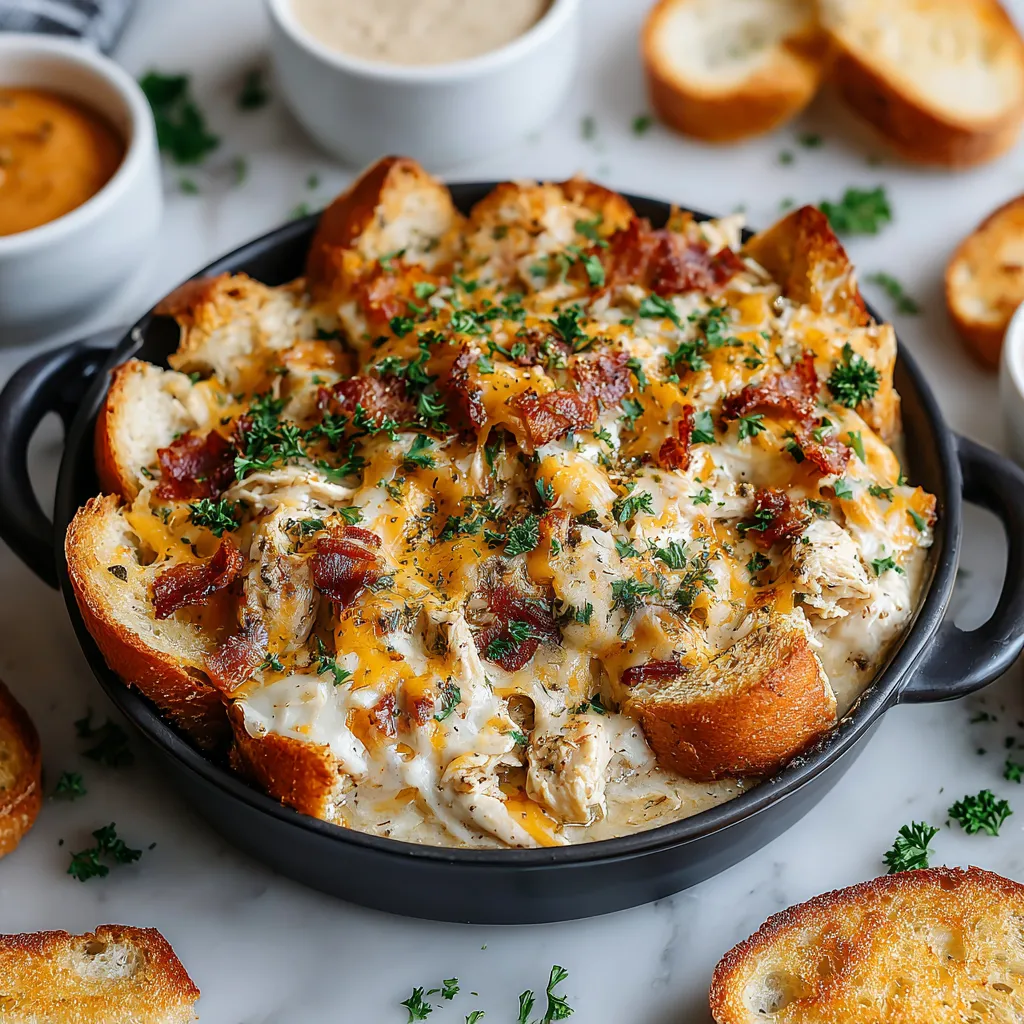 Ein Schmelztopf mit Bacon, Käse und Brot.