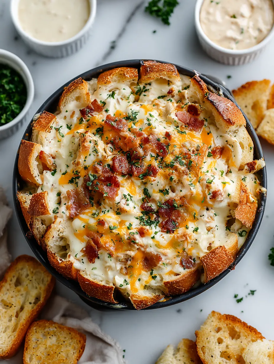 Ein Schmelztopf mit Bacon und Käse, der in einem Schalen mit Toastbrot serviert wird.