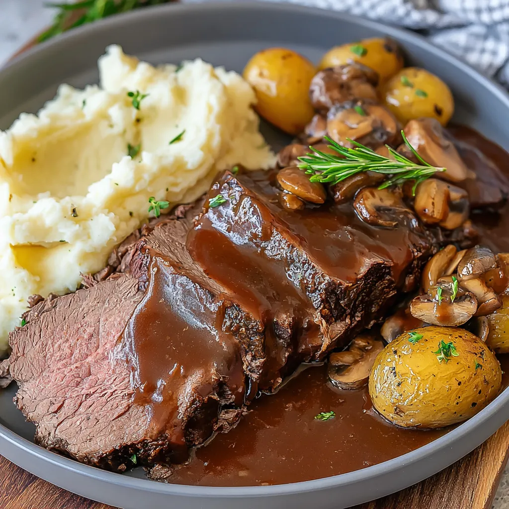 Ein Gericht aus Rindfleisch, Kartoffeln, Paprika und Zwiebeln, das als Traditionelles Sauerbraten-Rezept bekannt ist.