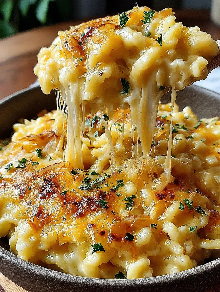 Ein Bild von einer Schüssel mit Macaroni und Käse, die in ein Stück Käse aufgelöst wird.