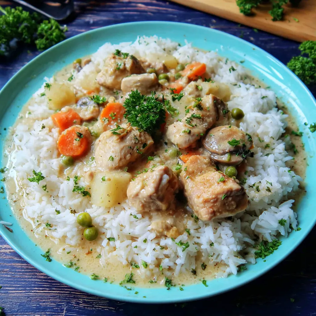 Ein Plate mit Rice und Chicken.