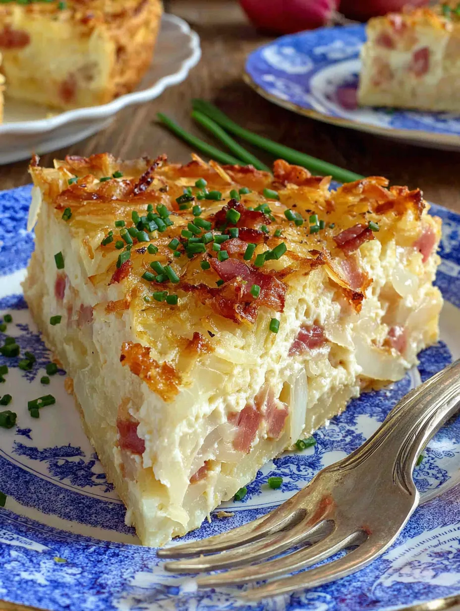 Ein Stück Käsekuchen mit Bacon auf einem blauen Teller.