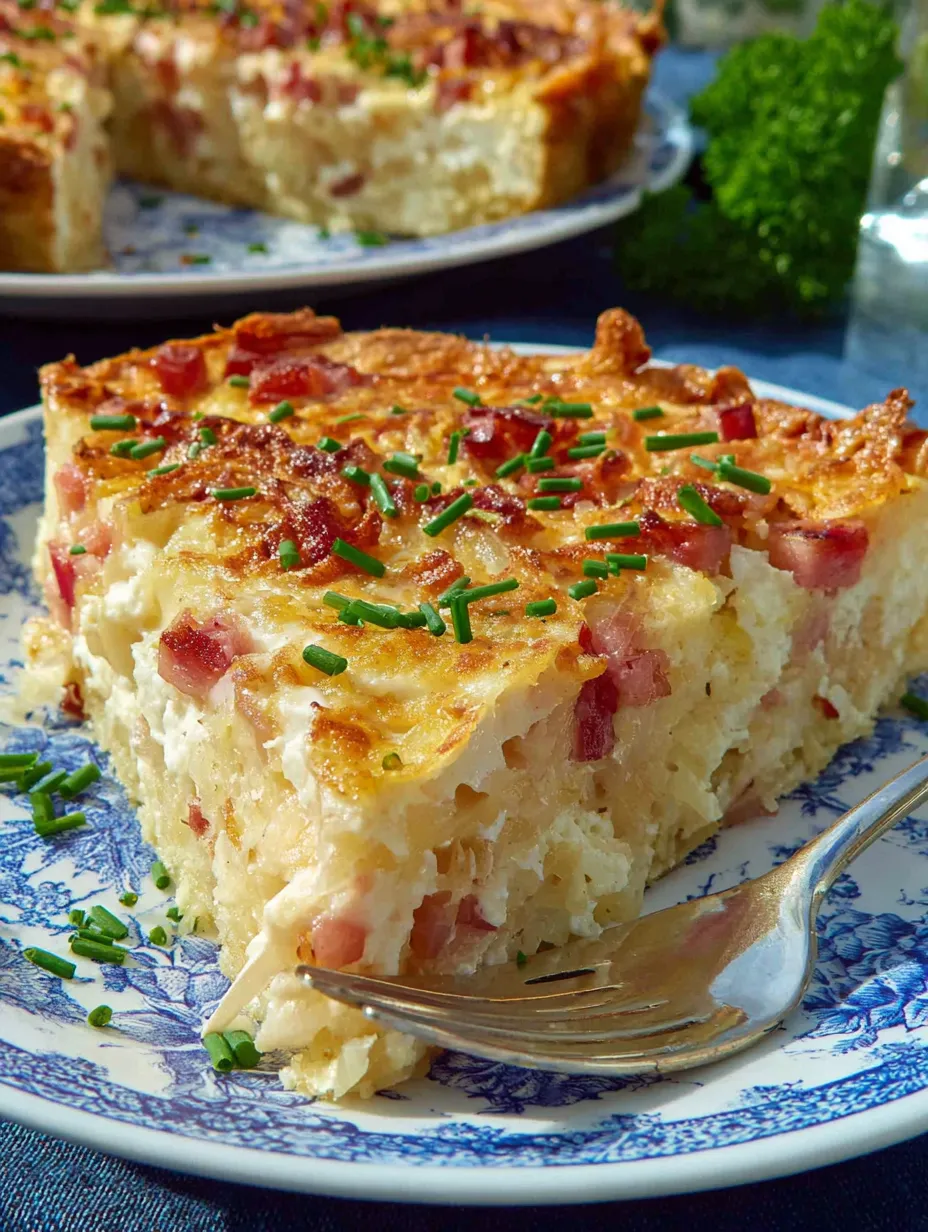 Ein Stück Bacon-Quiche auf einem Plate.