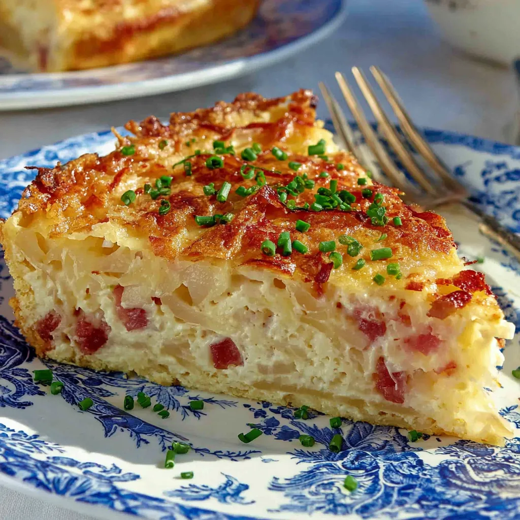 Ein Stück Käsekuchen mit Zwiebeln auf einem Plate.