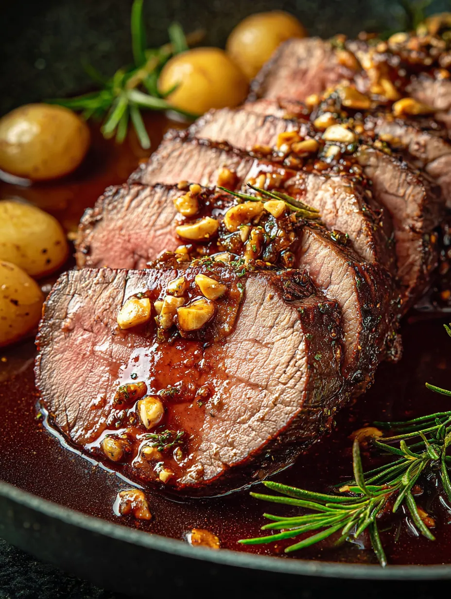 Eine Tafel mit einer Portion von Rindfleisch, das mit Nüssen und Kräutern garniert ist.
