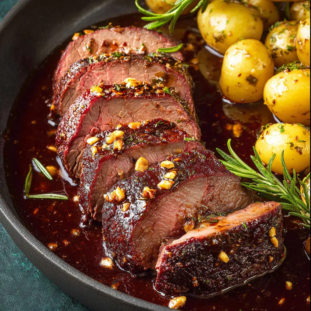 Eine schwarze Kasseler Schweinshaxe in einem schwarzen Topf mit einer Sauce.