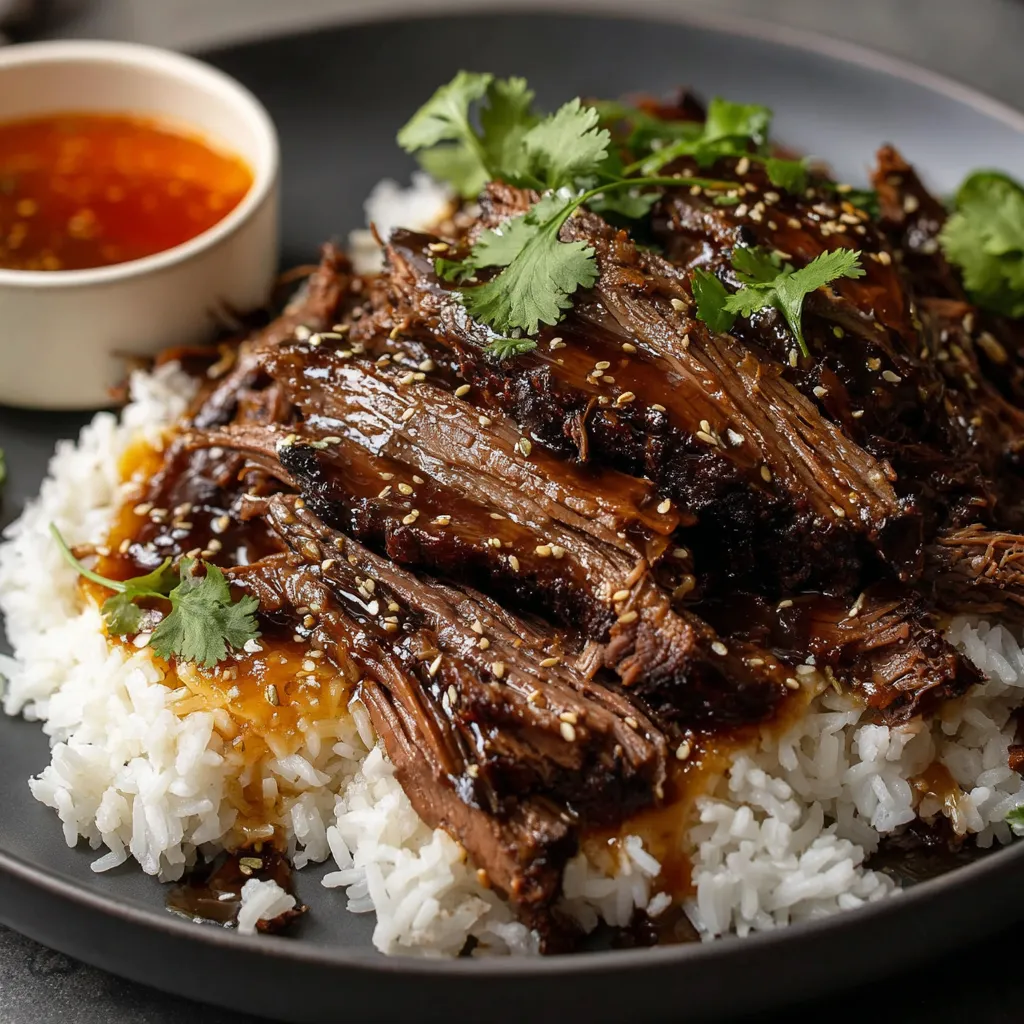Ein Plate mit Rice und Steak, garniert mit Parsley.