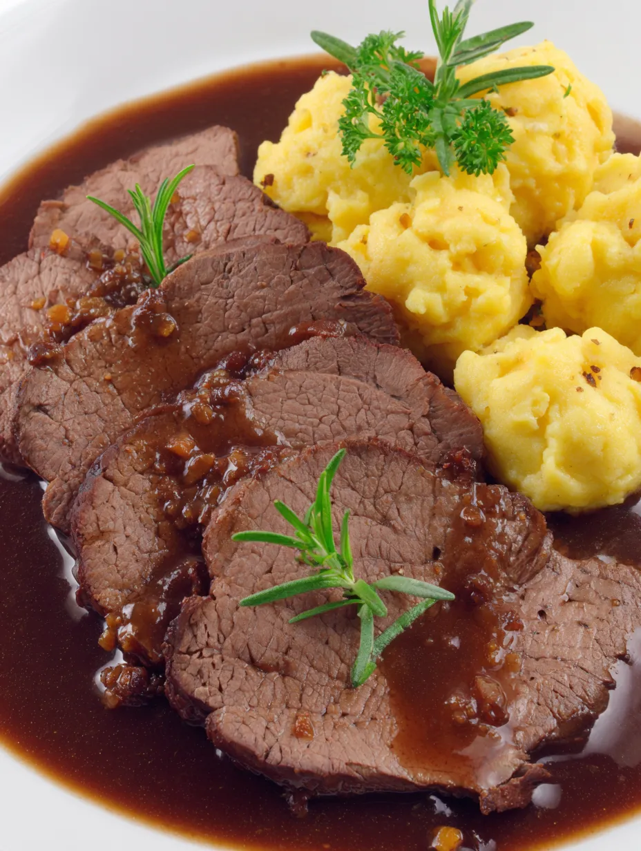 Eine Tafel mit gegrilltem Fleisch, Kartoffeln und Sauce.