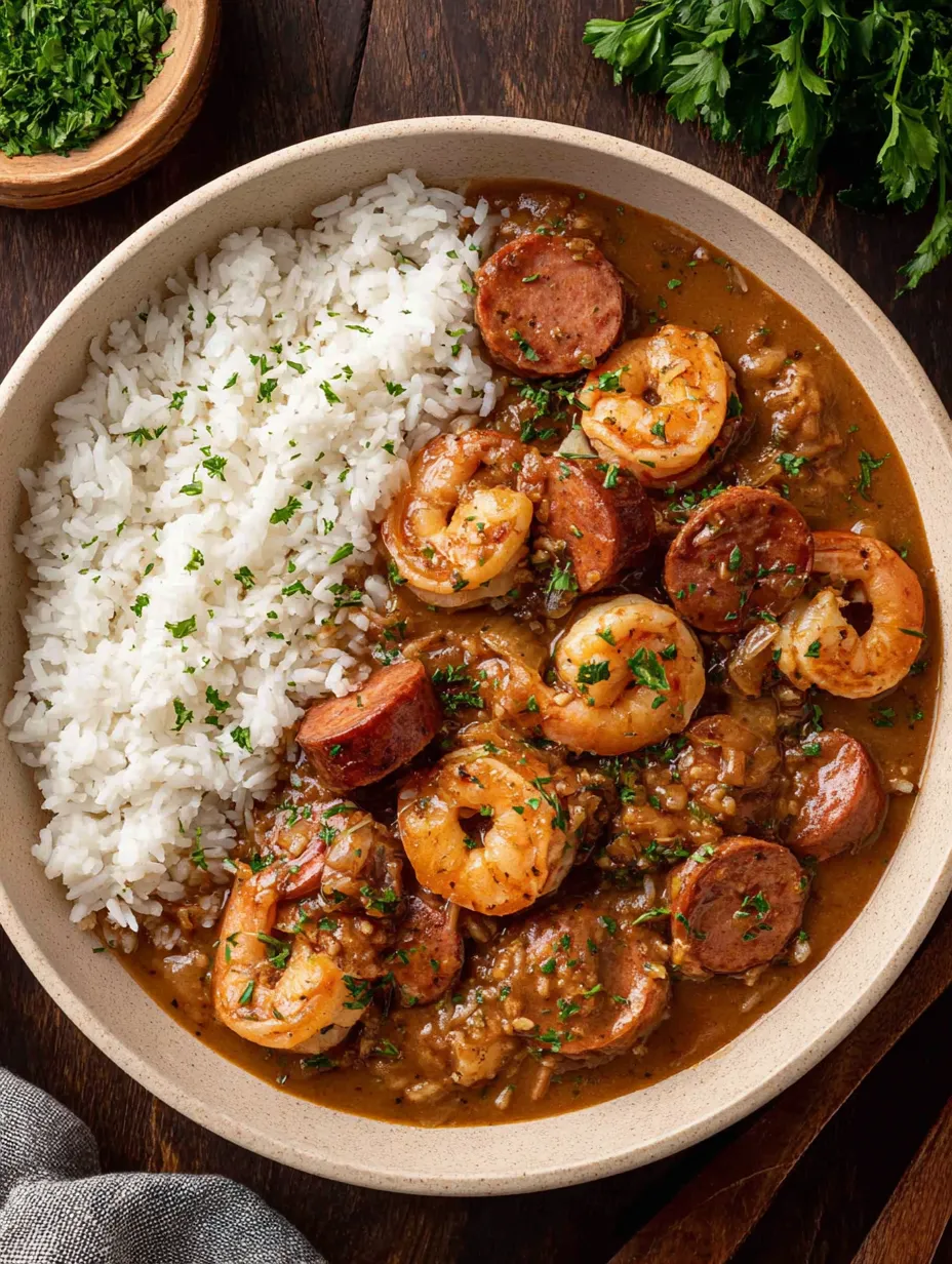 Ein Schmelztopf mit Rice, Shrimp und Wurst.