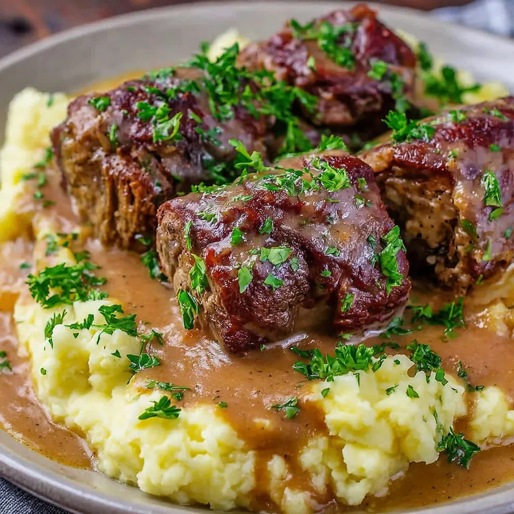 Eine Platte mit gegrillten Steaks, die mit Sauce und Kräutern garniert sind.