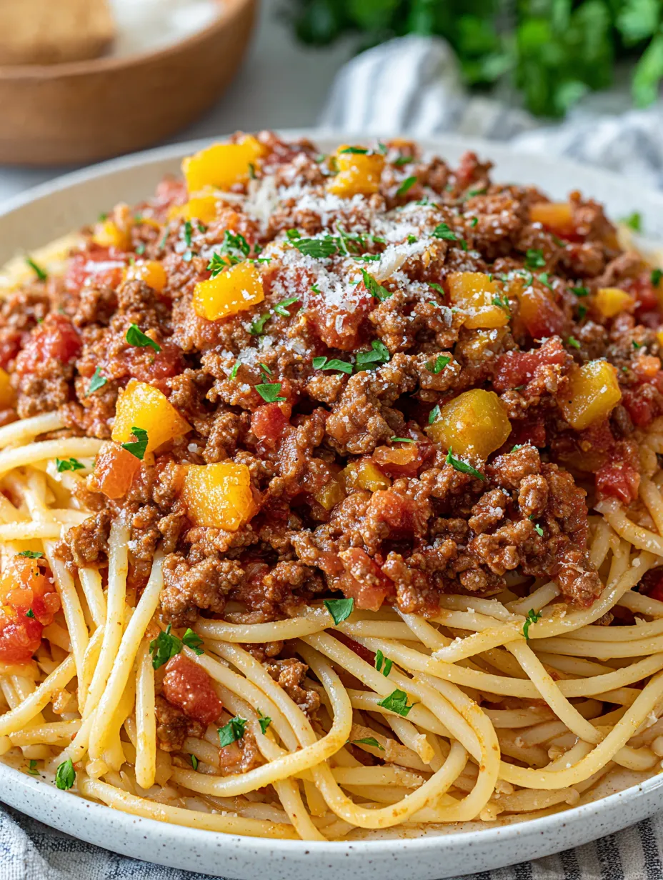 Ein Bild von einer Schüssel mit Spaghetti und einer Mischung aus Fleisch, Tomaten, Paprika und Zwiebeln.