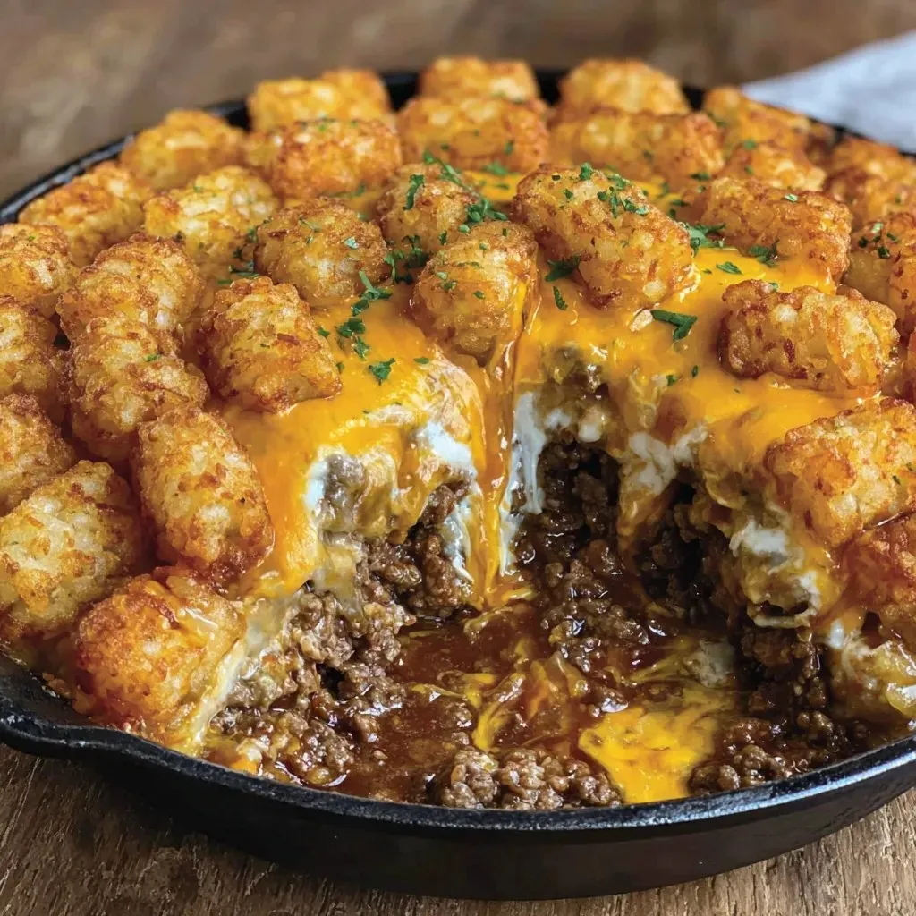 Ein Tater Tot mit Käse und Rindfleisch in einem schwarzen Teller.