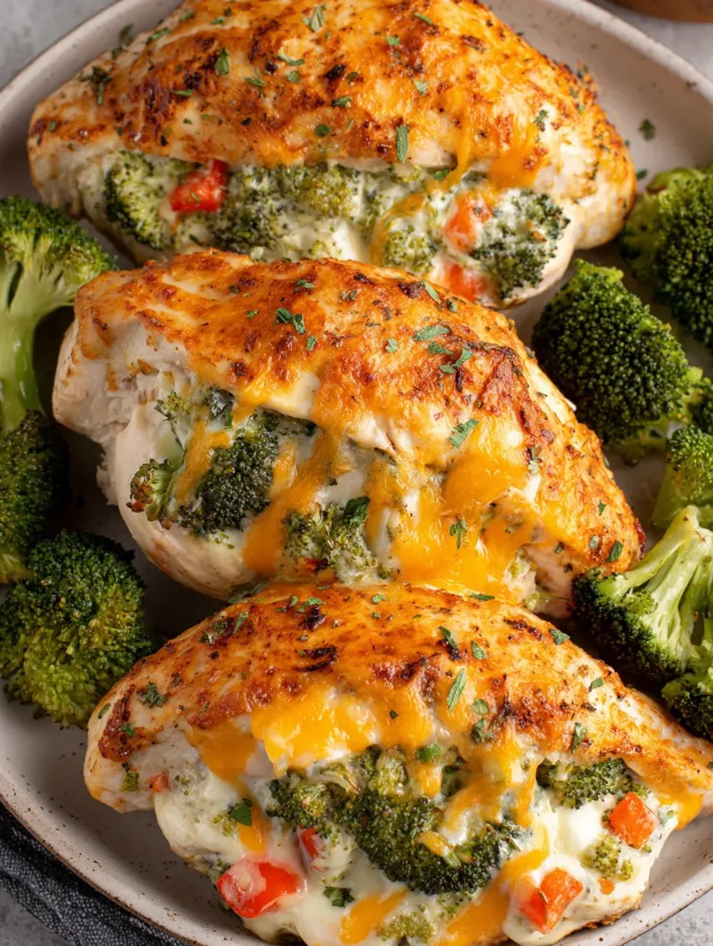 Ein Plate mit zwei Chicken-Portionen, die mit Broccoli und Käse garniert sind.