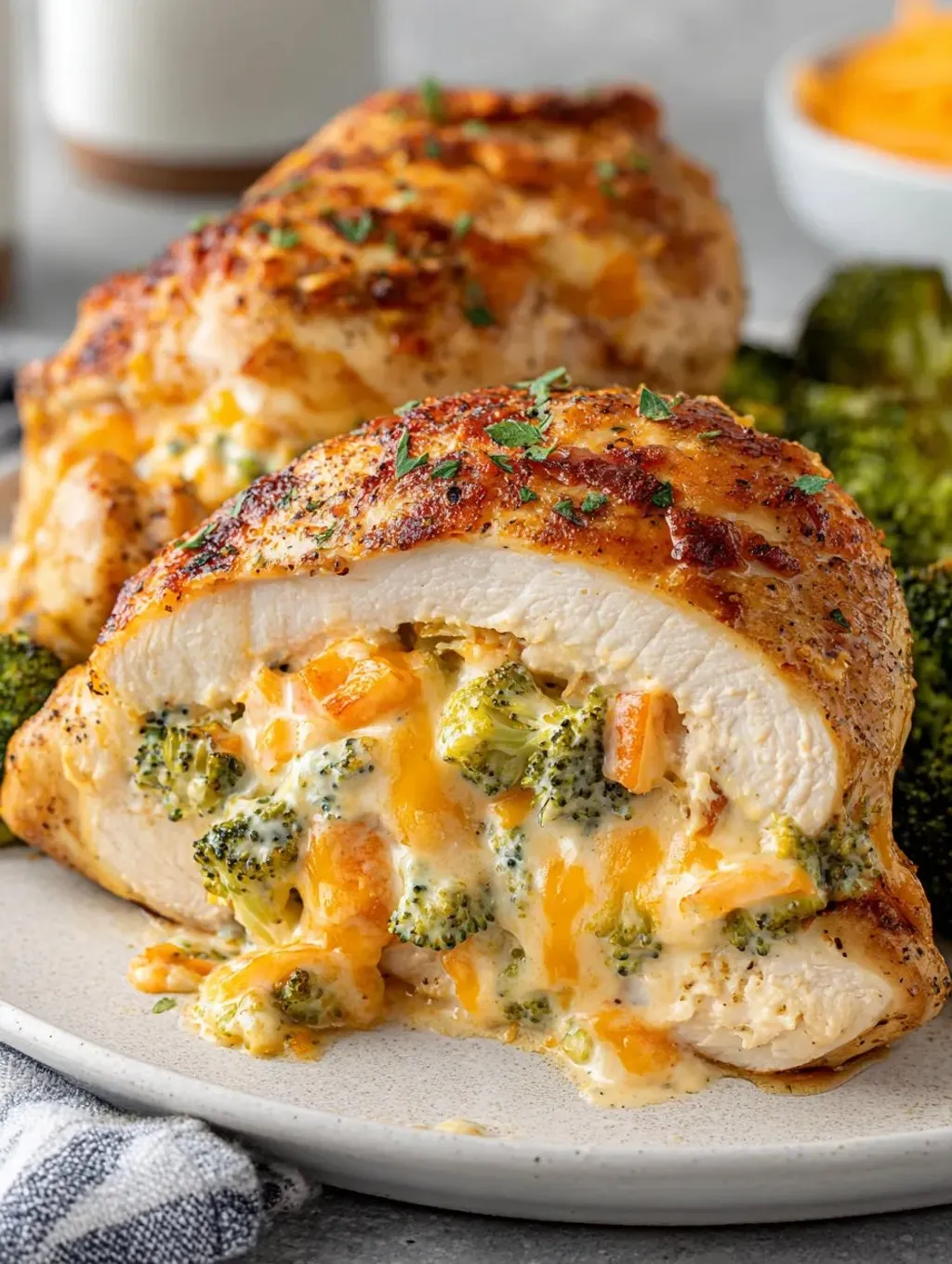 Ein Plate mit zwei Chicken-Bällchen, die mit Broccoli und Käse gefüllt sind.