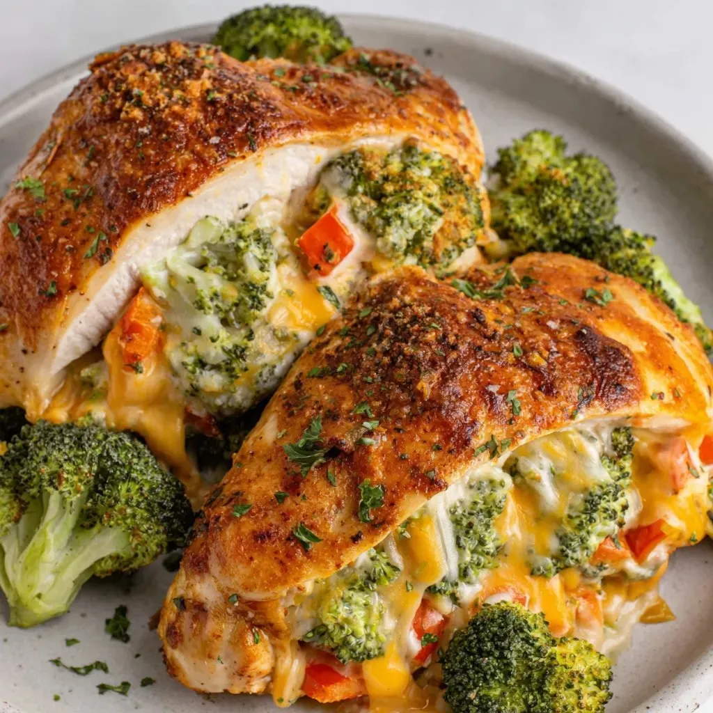 Ein Plate mit zwei Chicken-Portionen, die mit Broccoli und Käse garniert sind.