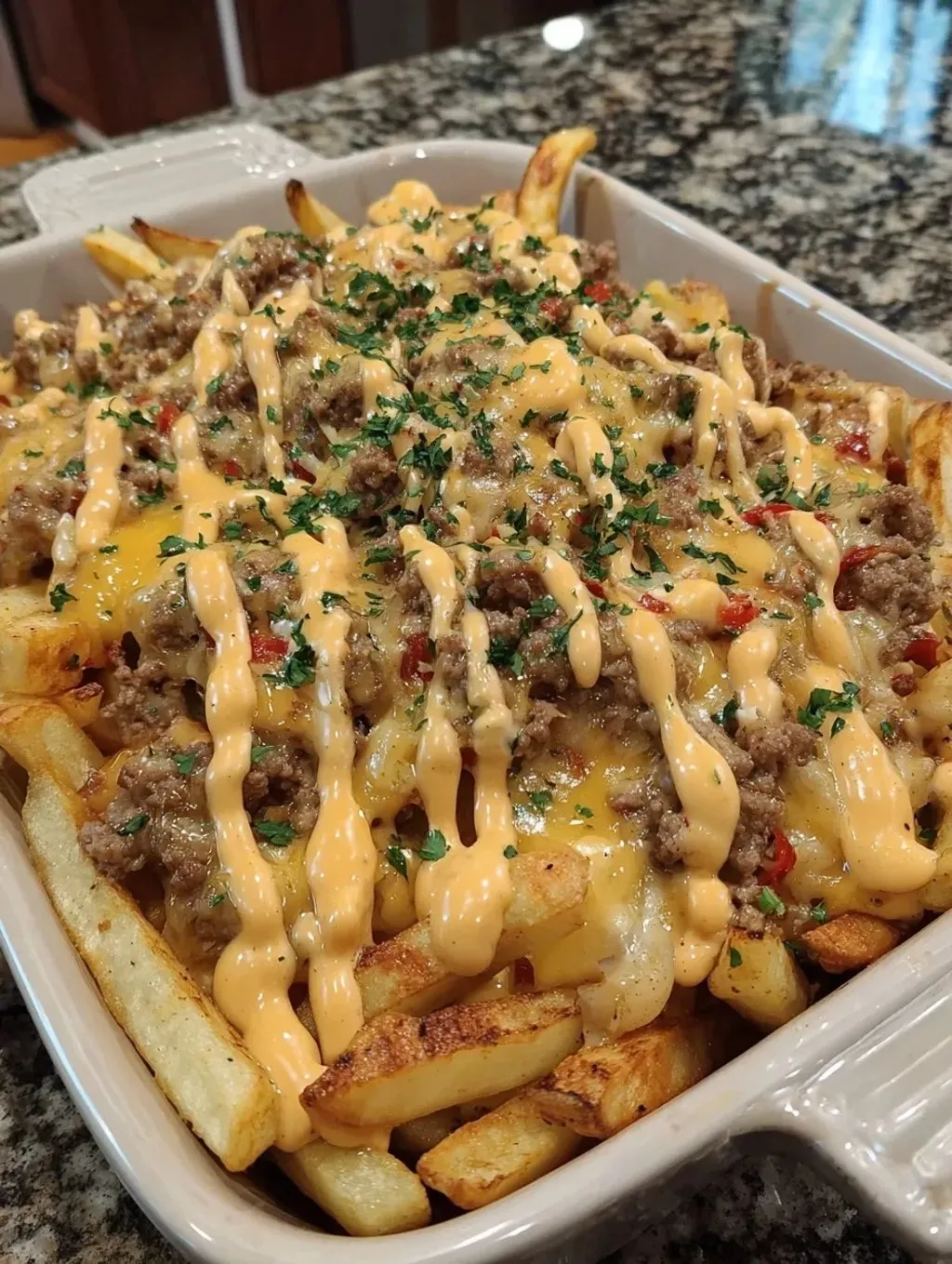 Ein Becher mit Frites und Käse.