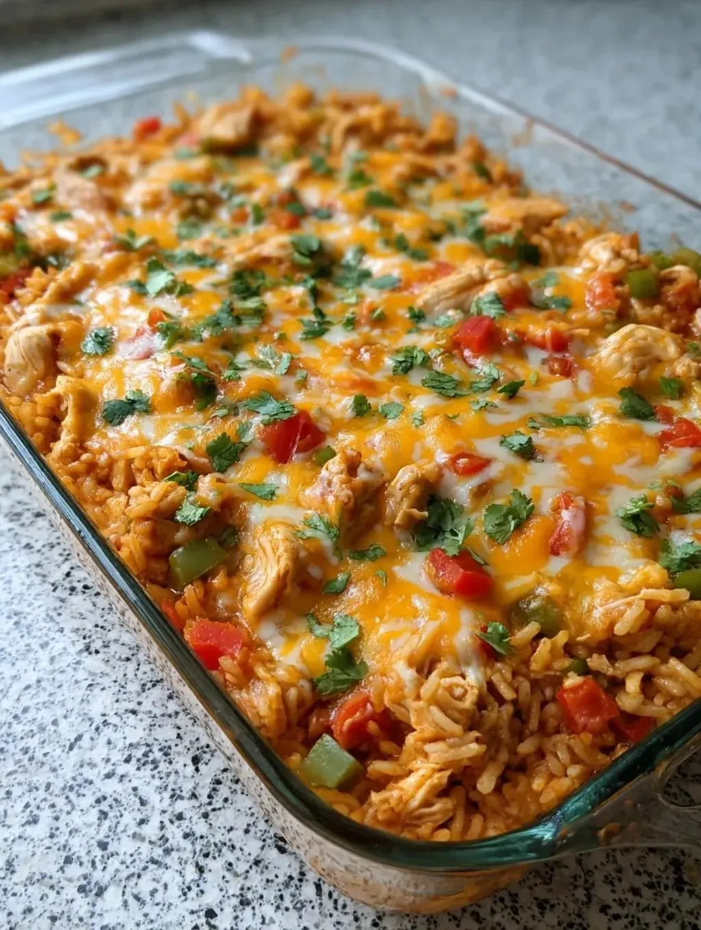 Ein Glas mit einer Mischung aus Rice, Chicken, Tomaten, Paprika und Zwiebeln.