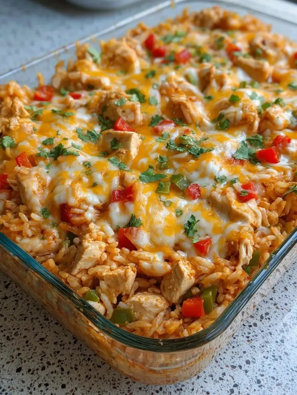 Ein Glas mit einer Rice-Chicken-Konfit&uuml;re, die mit verschiedenen Zutaten wie Tomaten, Paprika, Zwiebeln und Chilischoten garniert ist.
