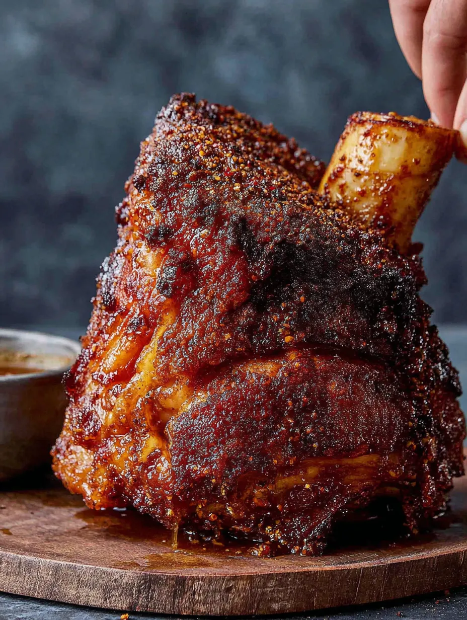 A close up of a piece of meat with a hand reaching for it.