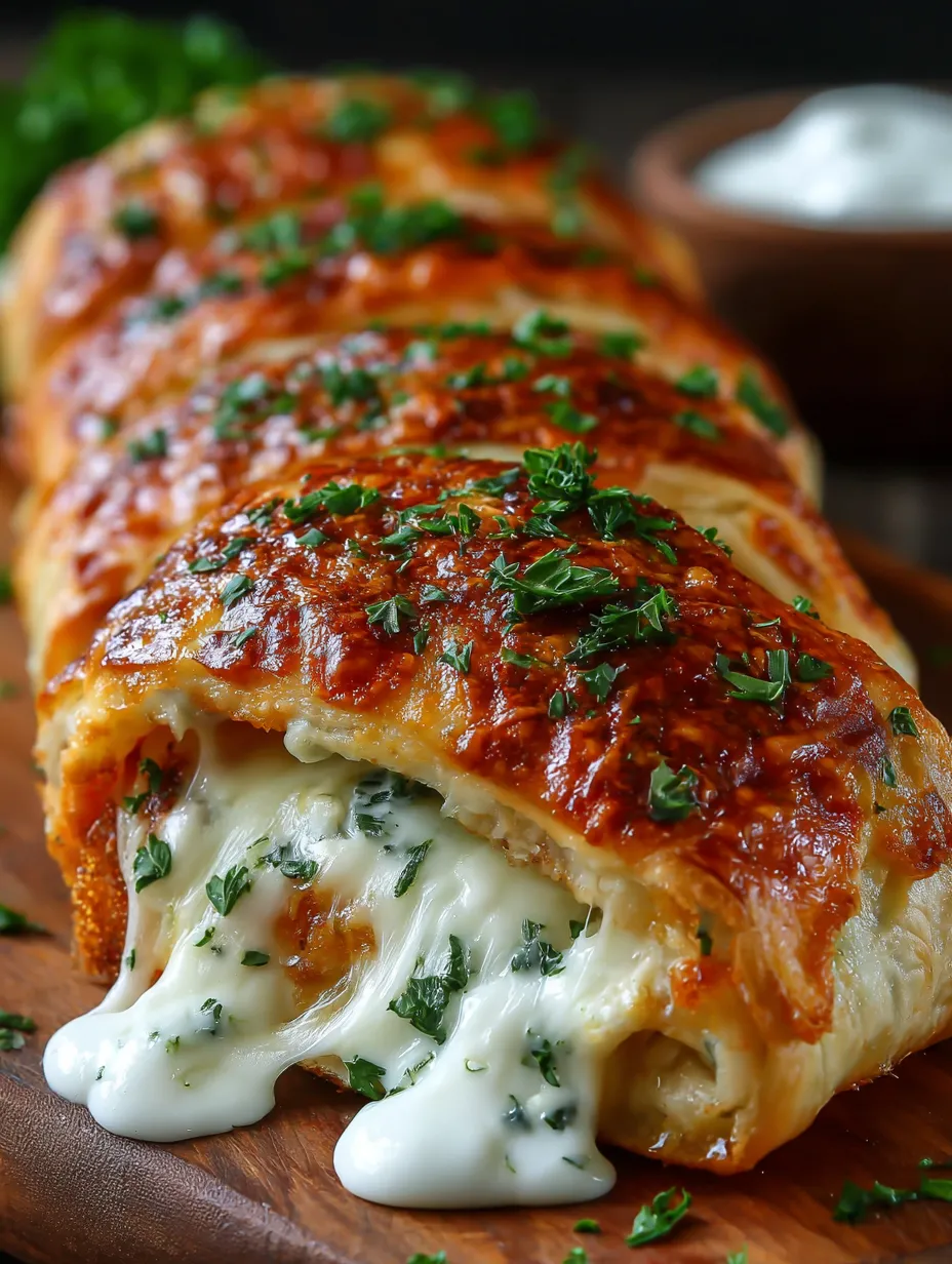 A piece of food with cheese and herbs on it.