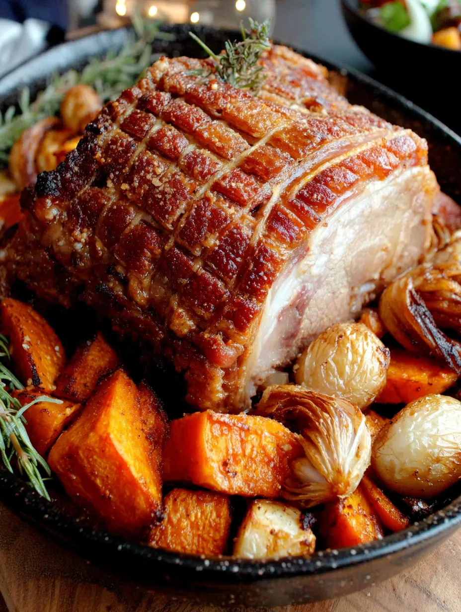 Ein großes Stück Rindfleisch in einem Topf, mit verschiedenen Gemüsearten wie Karotten, Zwiebeln und Knoblauch.