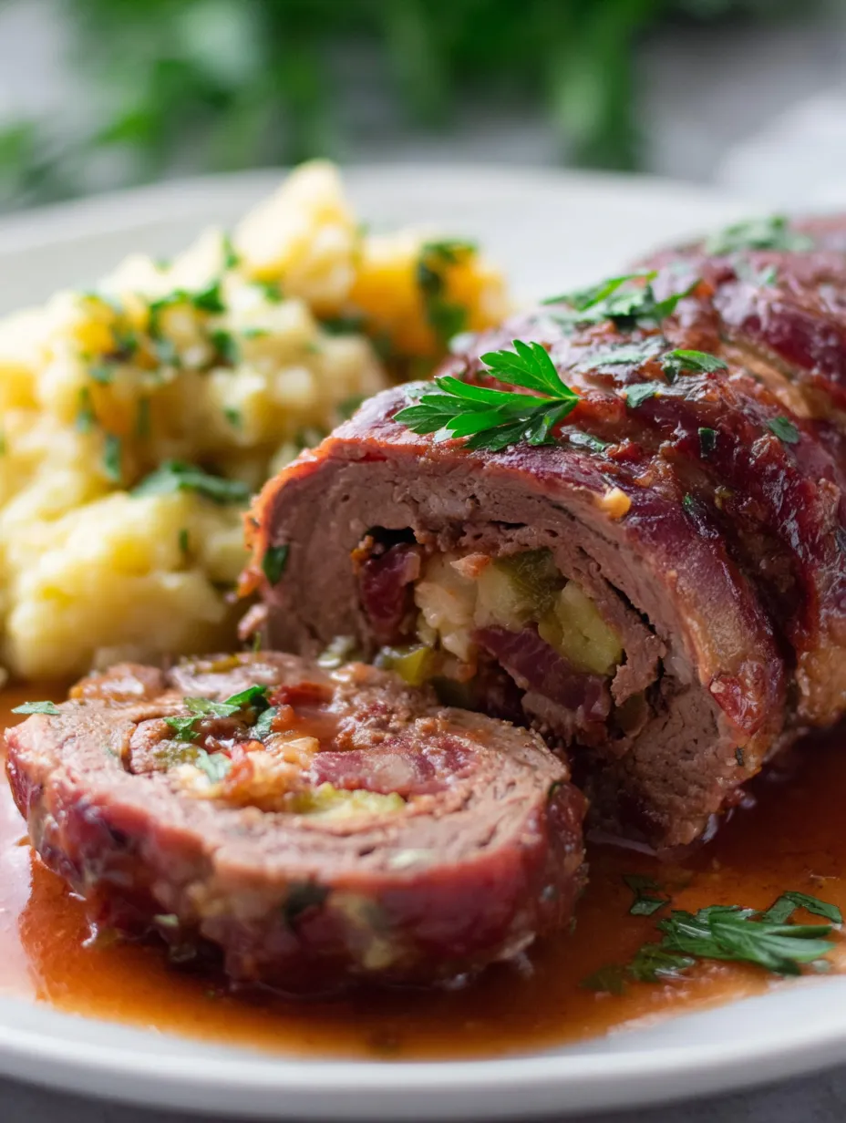 Ein Stück Fleisch auf einem Teller, das mit Sauce bedeckt ist.