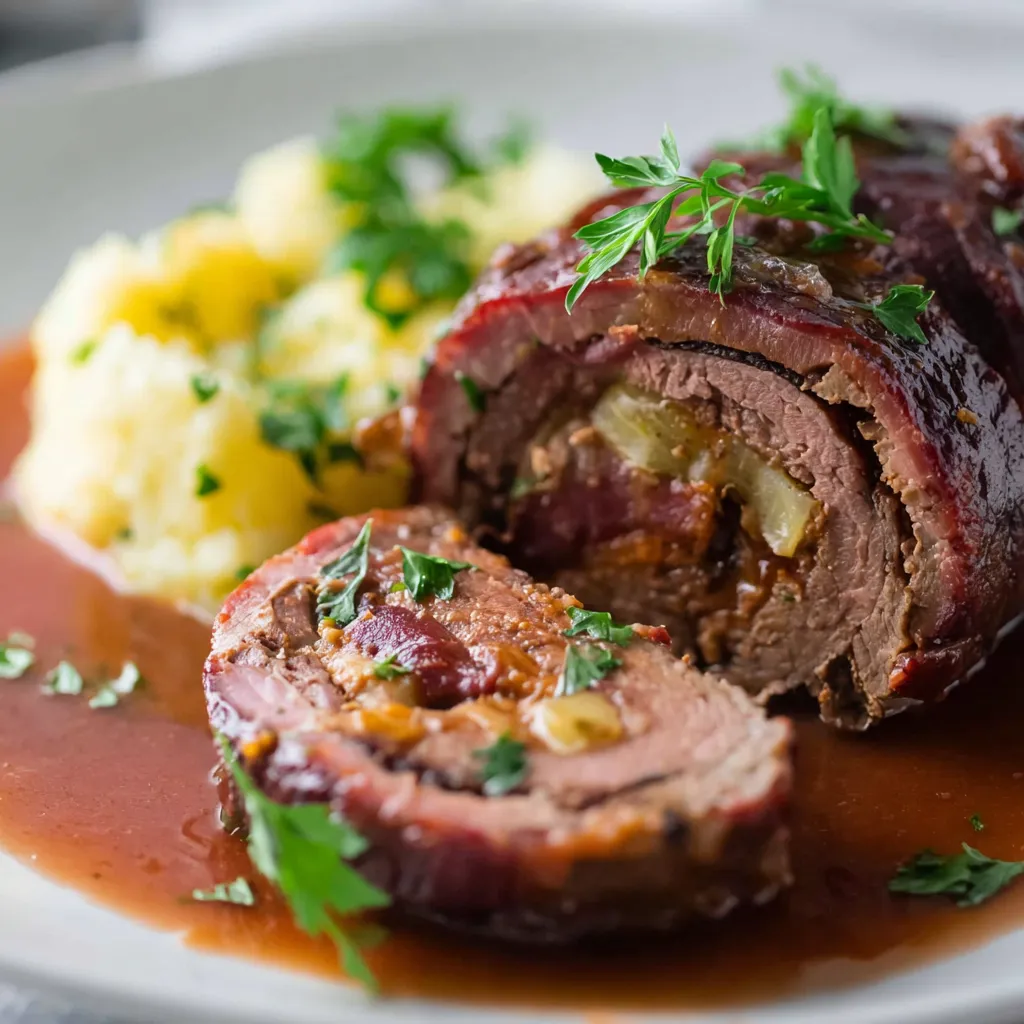 Ein Plate mit gegrilltem Fleisch, gegrilltem Gemüse und Kartoffeln.