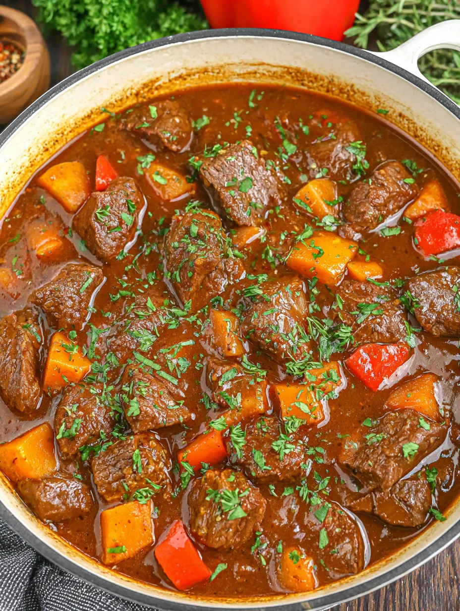 A pot of beef stew with carrots and parsley.