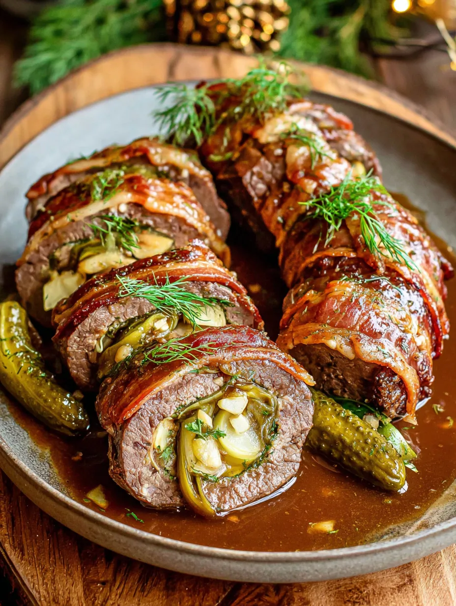 A plate of meat with onions and pickles.
