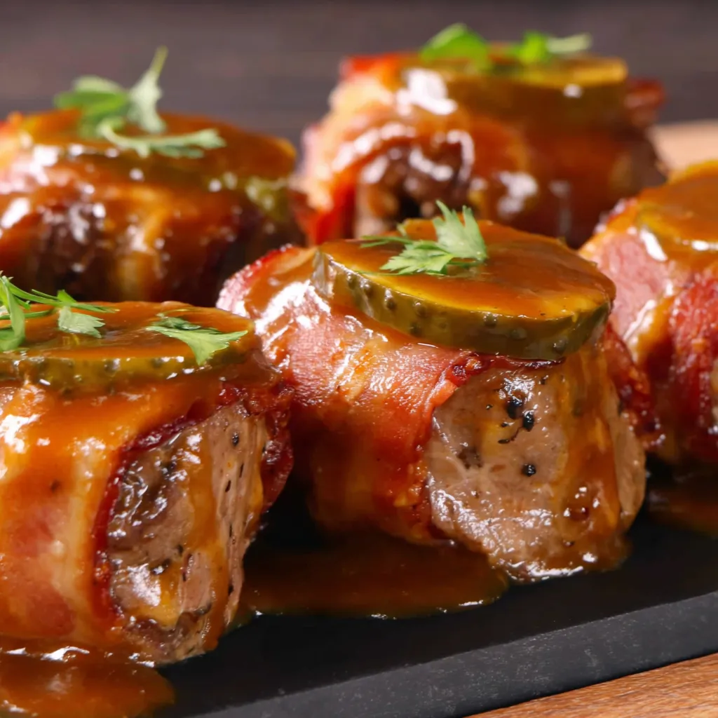Sliced meat with sauce on a black plate.