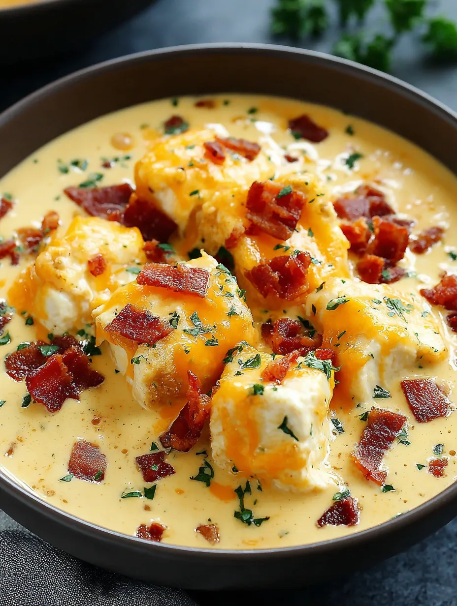 A bowl of soup with bacon and cheese.