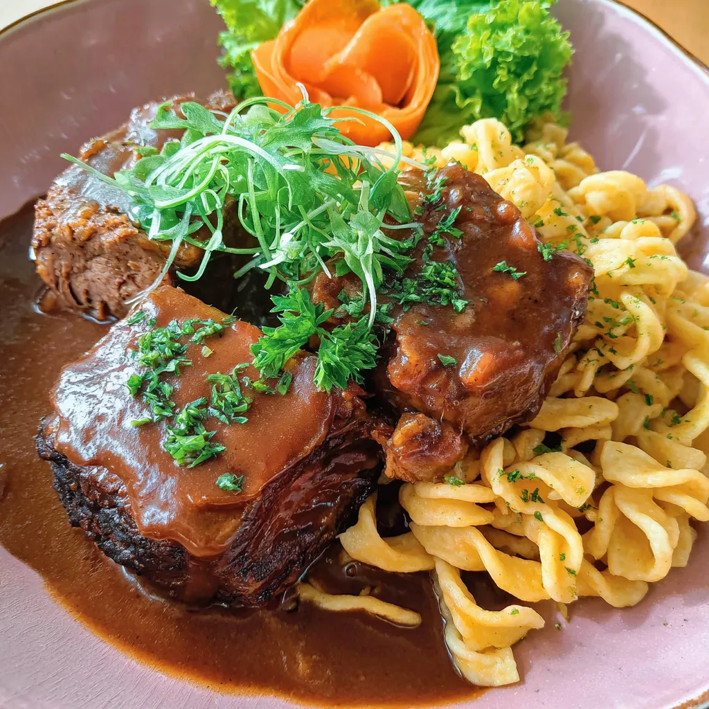 Ein Plate mit gegrilltem Fleisch, Pasta, Kartoffeln und Gemüse.